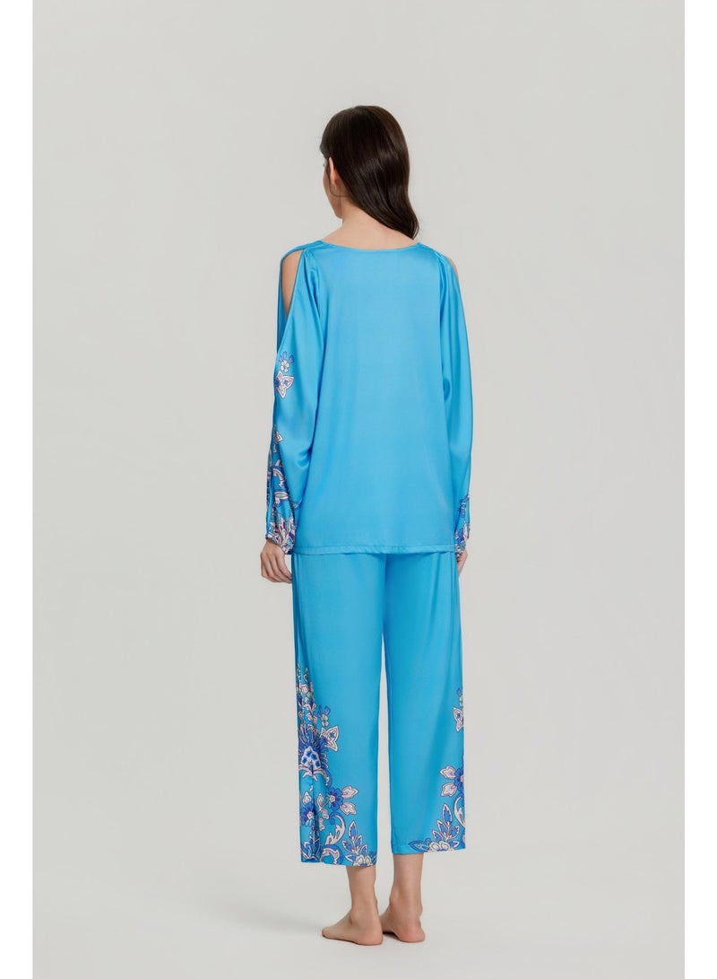 MASHUCK Luxury Royal Blue Off-Shoulder V-Neck Pajama Set - Silky Satin Printed Sleepwear - Loose Fit 2-Piece Lounge Suit - Image 5