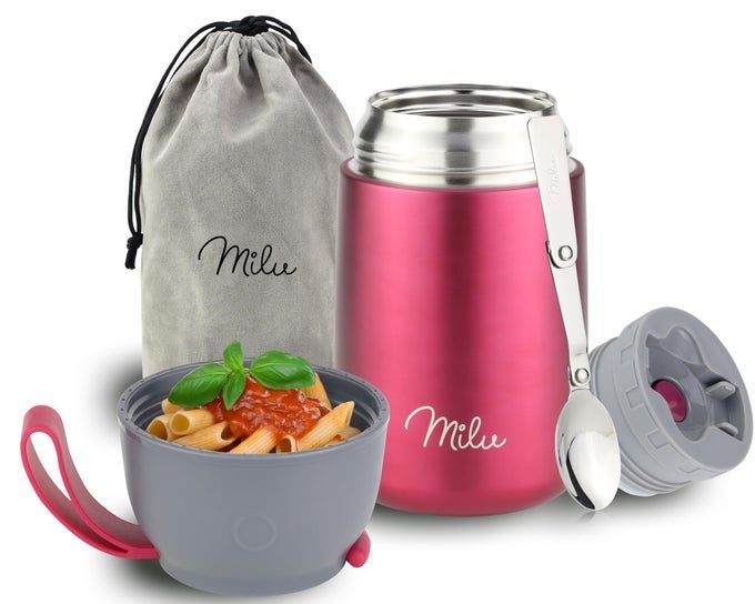 FOOD FLASK FOR HOT FOOD 650ML LEAKPROOF INSULATED STAINLESS STEEL THERMAL LUNCH BOX SOUP CONTAINER WITH SPOON BPAFREE TO GO MEAL PREP PORRIDGE BERRY 650ML