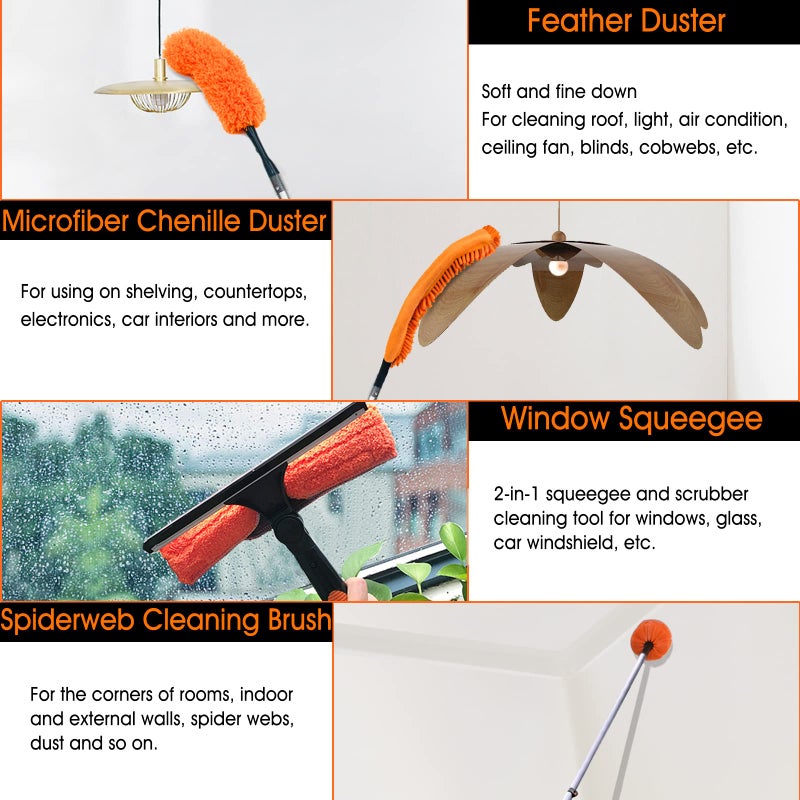 Buyplus 26FT Reach Dusting Kit, Long Duster with 5-20FT Extension Pole for High Ceilings, Cobweb Duster, Microfiber Duster, Window Squeegee, Extendable Duster Cleaning Kit - Image 3