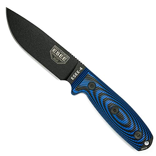 ESEE-4 Fixed Blade Knife with Sheath, 1095 Carbon Steel, Outdoor Knife with 3D Contoured Handle, Made in USA, (Black Blade, Blue/Black G10 3D Handle) - Image 1