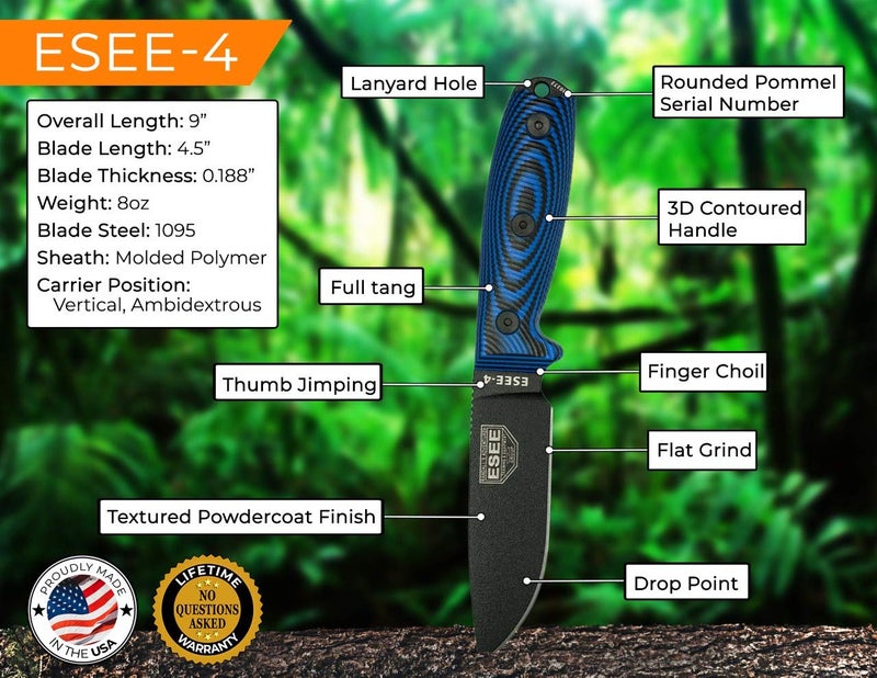 ESEE-4 Fixed Blade Knife with Sheath, 1095 Carbon Steel, Outdoor Knife with 3D Contoured Handle, Made in USA, (Black Blade, Blue/Black G10 3D Handle) - Image 2