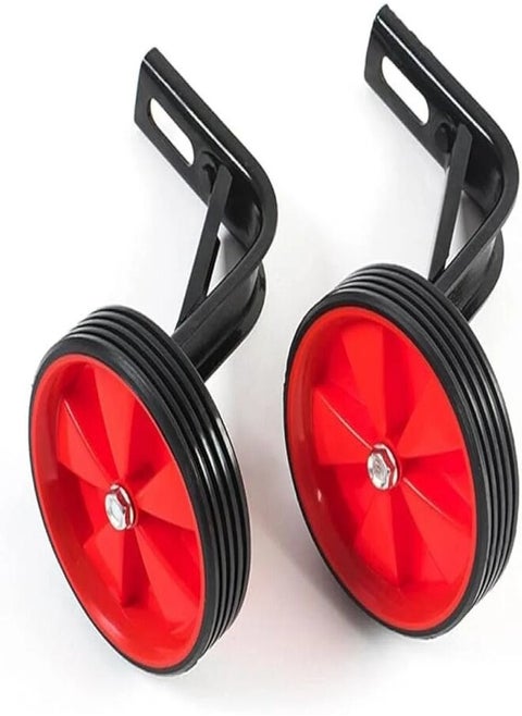 A pair of adjustable training wheels for bike training in various sizes for children. The height of the wheels can be easily adjusted to fit different bike sizes and children's needs,
