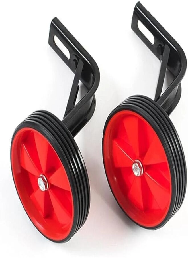 A pair of adjustable training wheels for bike training in various sizes for children. The height of the wheels can be easily adjusted to fit different bike sizes and children's needs,