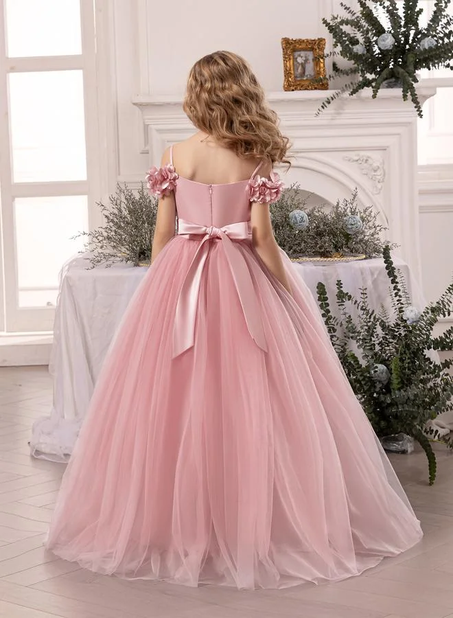 Styli Styli Girls Pink Ruching Detail Mesh Party Dress