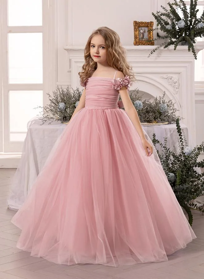 Styli Styli Girls Pink Ruching Detail Mesh Party Dress