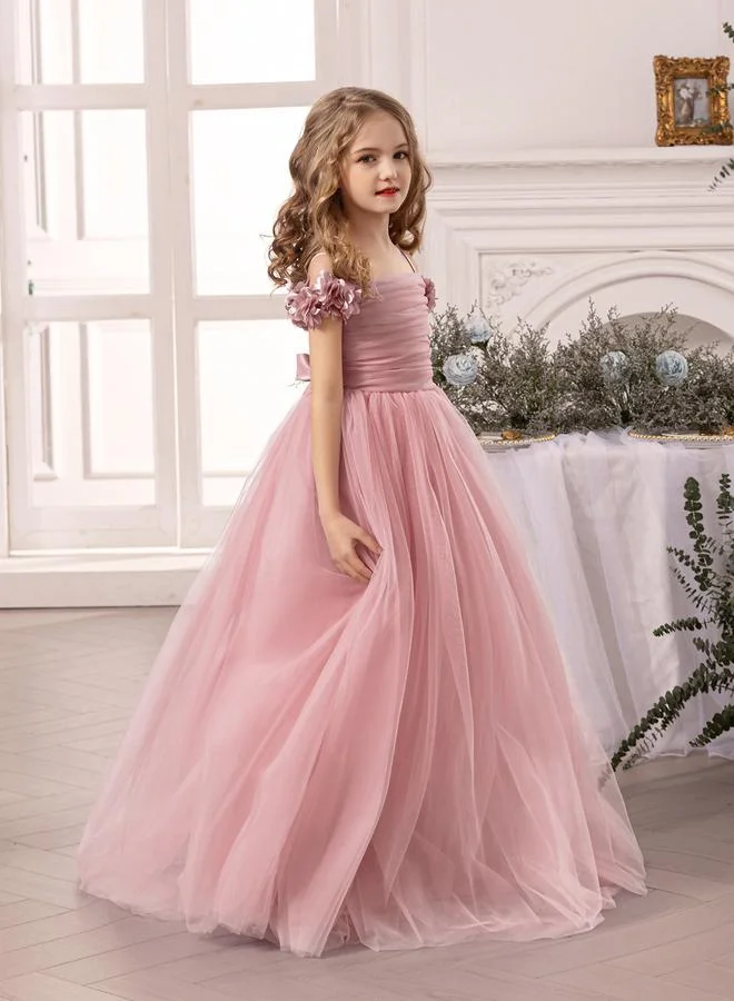 Styli Styli Girls Pink Ruching Detail Mesh Party Dress