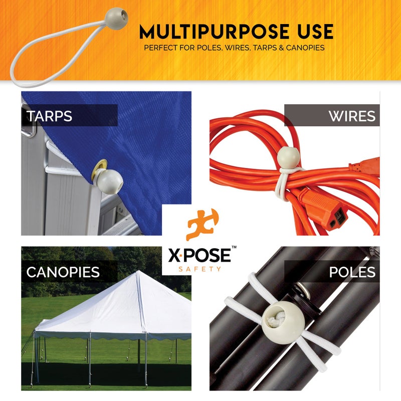إكسبوز سايفتي حبال كرة بنجي آمنة من Xpose بطول 22.86 سم، 100 حزمة من حبل مطاطي أبيض شديد التحمل مع أربطة كروية للمظلات والجدران وتنظيم الكابلات - Image 3