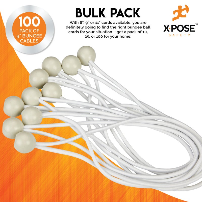 إكسبوز سايفتي حبال كرة بنجي آمنة من Xpose بطول 22.86 سم، 100 حزمة من حبل مطاطي أبيض شديد التحمل مع أربطة كروية للمظلات والجدران وتنظيم الكابلات - Image 5
