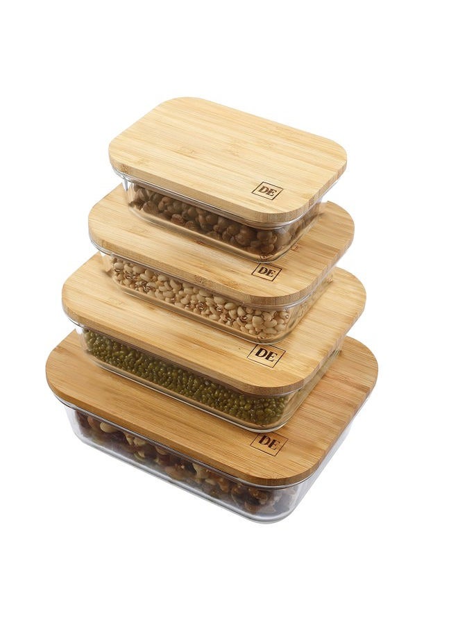 DE Glass Food Storage Containers with Bamboo Lids – 4 Pack (12oz/21oz/35oz/51oz) – BPA-Free Borosilicate Glass Meal Prep Boxes – Oven, Microwave, Freezer Safe – Stackable & Airtight - Image 1