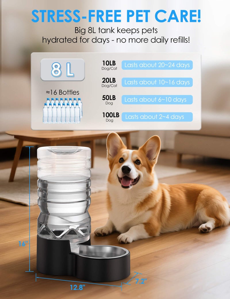 Heouvo 2.1 Gallon Automatic Dog Water Dispenserã€Wide Mouth for Easy Hand-in Cleaningã€‘ã€Removable Stainless Steel Bowlã€‘, Gravity Refilling Large Capacity for Cats and Dogs, Multi-Pet Homes - Image 2