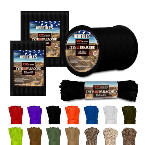 HERCULES Type III Paracord 550 Rope Parachute Cord 100 Black for Survival Rope Survival Cord - Image 1
