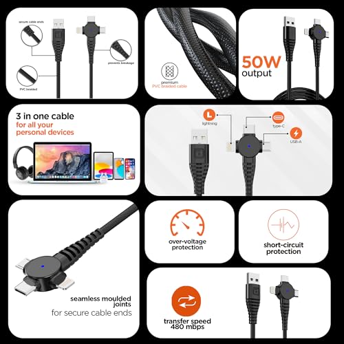 Dubstep Blaze Trinity 50W 3 in 1 USB Type C Cable 1 m USB-A to Type-C + MicroUSB + Type-L Fast Charge Cable (Compatible with Mobile, Tablet, Laptop, Black, One Cable) - Image 3