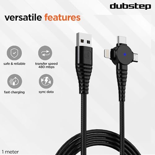 Dubstep Blaze Trinity 50W 3 in 1 USB Type C Cable 1 m USB-A to Type-C + MicroUSB + Type-L Fast Charge Cable (Compatible with Mobile, Tablet, Laptop, Black, One Cable) - Image 4