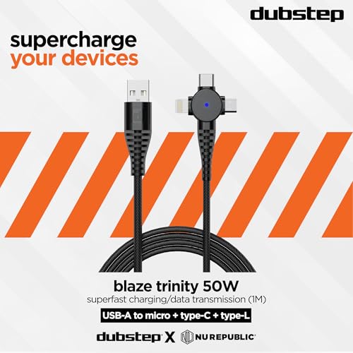 Dubstep Blaze Trinity 50W 3 in 1 USB Type C Cable 1 m USB-A to Type-C + MicroUSB + Type-L Fast Charge Cable (Compatible with Mobile, Tablet, Laptop, Black, One Cable) - Image 2