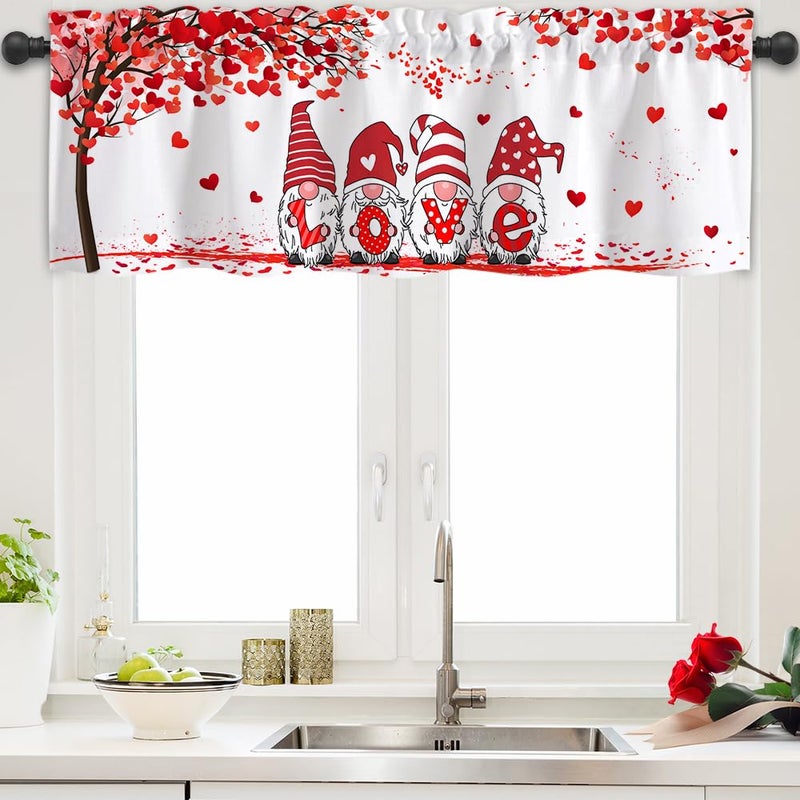 Finphoon Valentine Curtain Valance for Window, Romantic Red Gnome Window Valances, Rod Pocket Washable Valentine's Day Valances Curtain for Valentines Living Room Bedroom Decorations, 54x18 Inch - Image 1