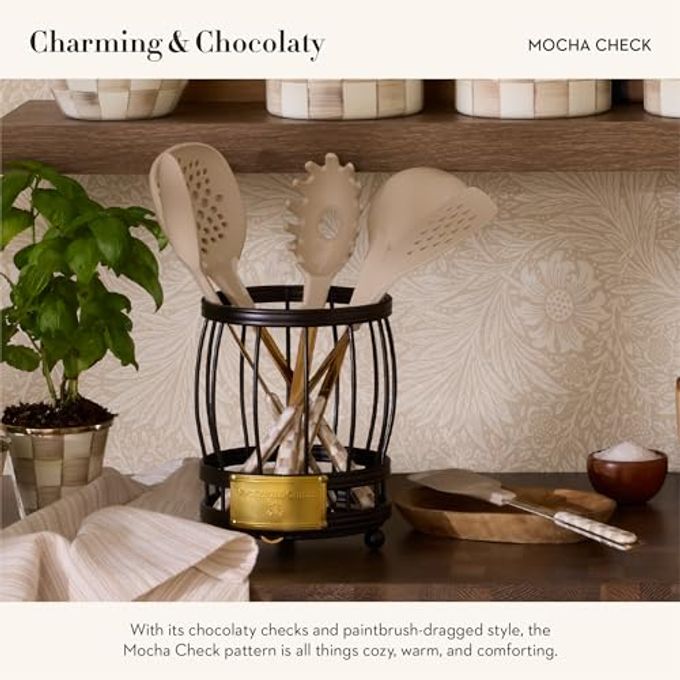 mackenzie childs Mackenzie-Childs Utensil Caddy Set With Kitchen Utensils, Brown-And-White Mocha Check - Image 3