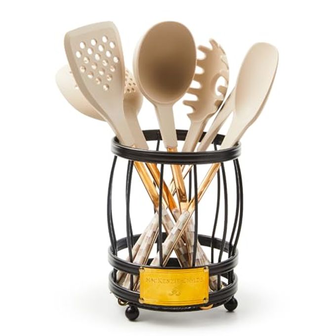 mackenzie childs Mackenzie-Childs Utensil Caddy Set With Kitchen Utensils, Brown-And-White Mocha Check - Image 4