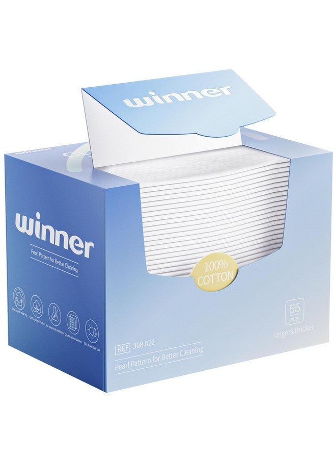 وينر مناشف الوجه وينر، مناشف وجه للاستخدام مرة واحدة مصنوعة من القطن الأمريكي بنسبة 100%، مناديل وجه غير معطرة، مناديل جافة لإزالة المكياج فائقة النعومة، مناشف وجه متينة لتنظيف البشرة، 55 منديلًا، عبوة واحدة - Image 1