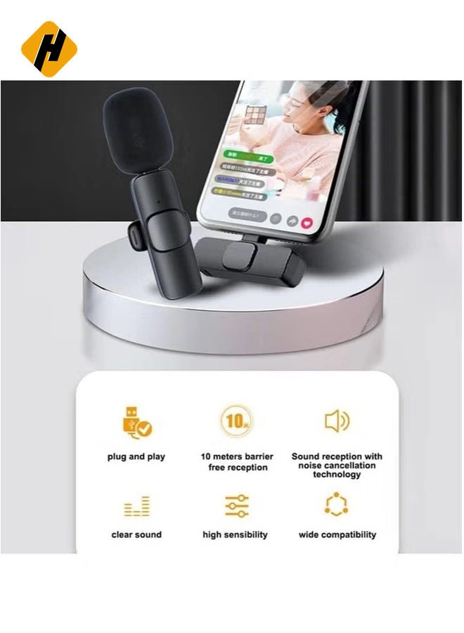 2 in 1 K8 Wireless Microphone, Digital Mini Portable Recording Clip Mic with Receiver for All Type-C Lightning Mobile Phones Camera Laptop for Blogging YouTube Online Class