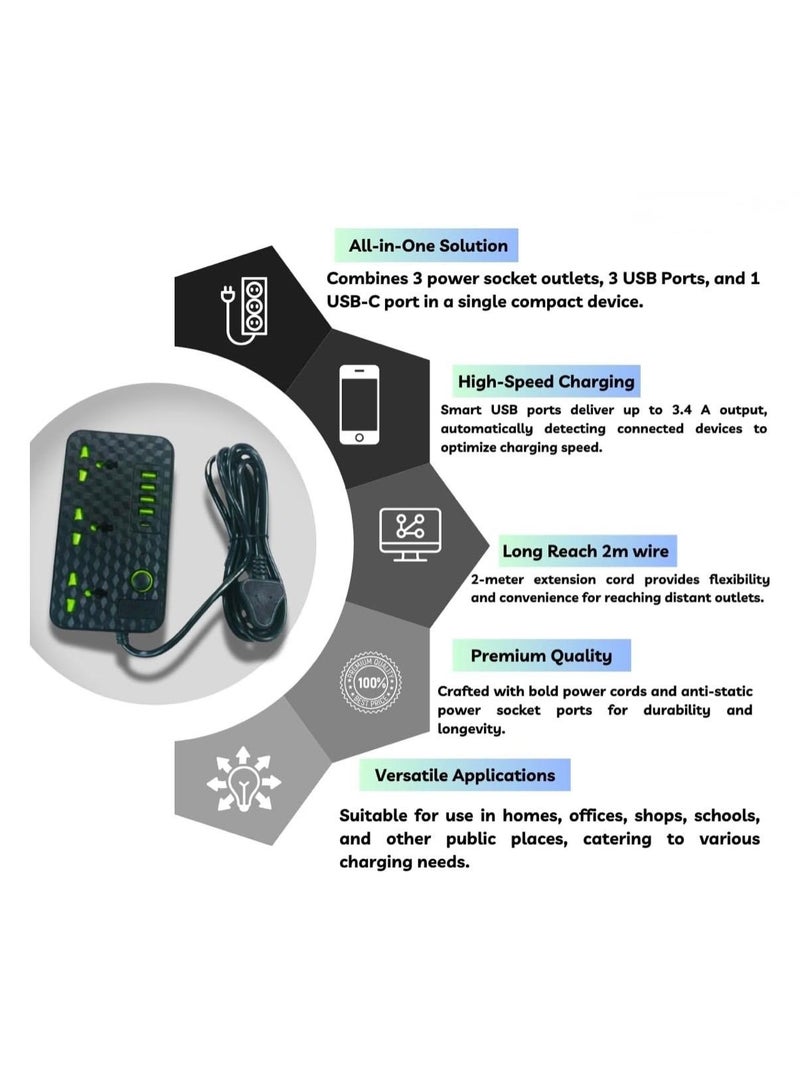 لوحة توزيع متعددة المنافذ مزودة بـ 3 منافذ عالمية، و4 منافذ USB وType-C، وشحن سريع 3.4 أمبير - Image 2