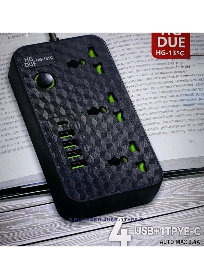 لوحة توزيع متعددة المنافذ مزودة بـ 3 منافذ عالمية، و4 منافذ USB وType-C، وشحن سريع 3.4 أمبير - Image 1