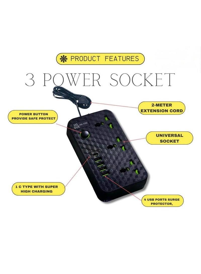 لوحة توزيع متعددة المنافذ مزودة بـ 3 منافذ عالمية، و4 منافذ USB وType-C، وشحن سريع 3.4 أمبير - Image 3