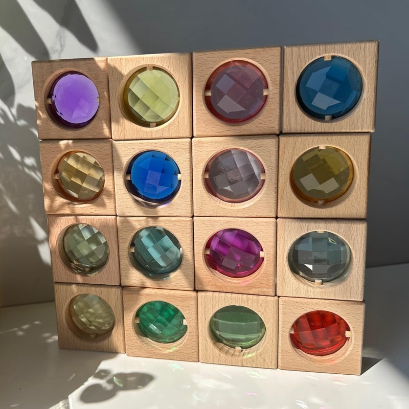 KOAICS 16PCS Acrylic Wooden Gem Blocks, Sparkling Acrylic Colorful StackingToys, Open Ended Play Montessori Educational Toys (16PCS Square Gem Blocks) - Image 1