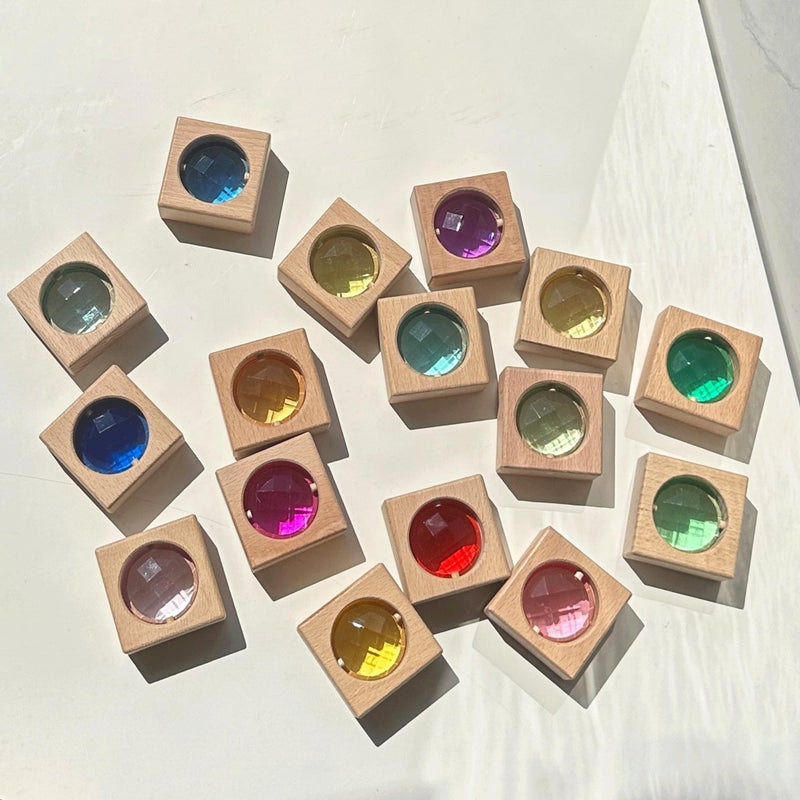 KOAICS 16PCS Acrylic Wooden Gem Blocks, Sparkling Acrylic Colorful StackingToys, Open Ended Play Montessori Educational Toys (16PCS Square Gem Blocks) - Image 5