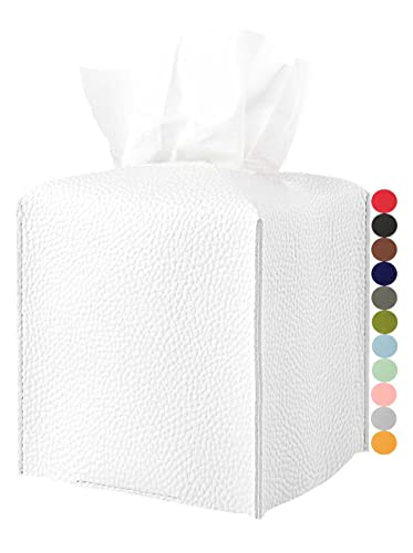 JESMINI Tissue Holder White Tissue Box Cover – Square Leather Tissue Cover Box with Bottom Belt, Decorative Tissue Box Holder for Modern Home Office Decor - Image 1