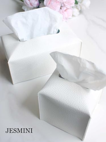JESMINI Tissue Holder White Tissue Box Cover – Square Leather Tissue Cover Box with Bottom Belt, Decorative Tissue Box Holder for Modern Home Office Decor - Image 2