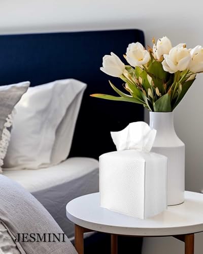JESMINI Tissue Holder White Tissue Box Cover – Square Leather Tissue Cover Box with Bottom Belt, Decorative Tissue Box Holder for Modern Home Office Decor - Image 5