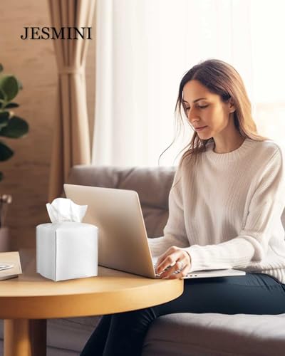 JESMINI Tissue Holder White Tissue Box Cover – Square Leather Tissue Cover Box with Bottom Belt, Decorative Tissue Box Holder for Modern Home Office Decor - Image 3