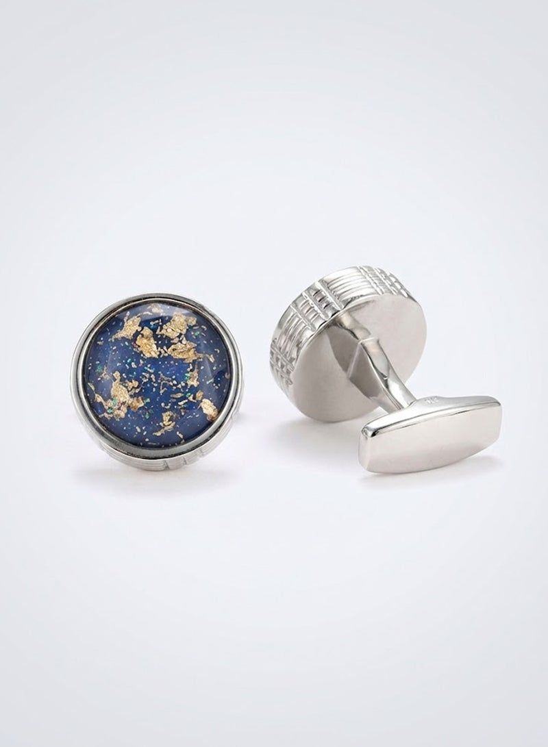 FIORICASA Men’s Blue Glossy Gold-Flake Round Cufflinks – Silver Finish, Luxury Design - Image 1