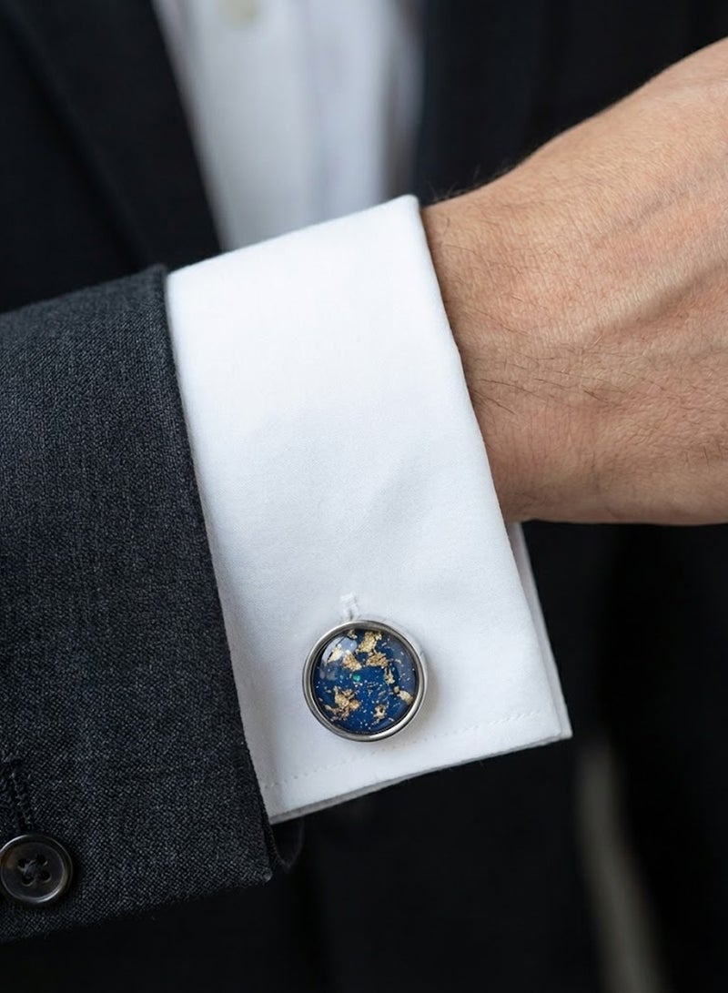 FIORICASA Men’s Blue Glossy Gold-Flake Round Cufflinks – Silver Finish, Luxury Design - Image 3