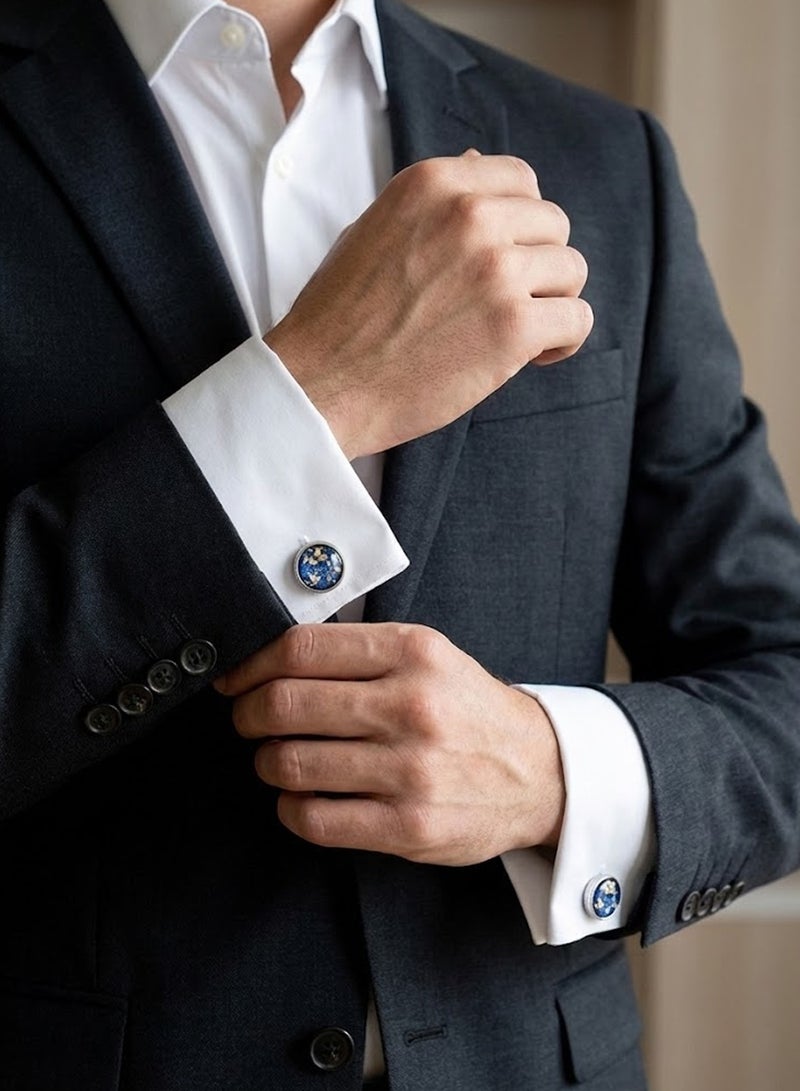 FIORICASA Men’s Blue Glossy Gold-Flake Round Cufflinks – Silver Finish, Luxury Design - Image 4