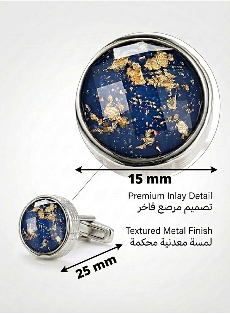 FIORICASA Men’s Blue Glossy Gold-Flake Round Cufflinks – Silver Finish, Luxury Design - Image 2