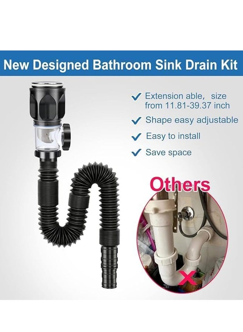 DIOTTI Bathroom Sink Drain Kit,Bathroom Sink Drain Pipe Replacement Pop Up Drain with Built-in Anti-clogging Stopper anti clogging pop-up drain plug suitable for most sink pipes with anti odor design(Black) - Image 2
