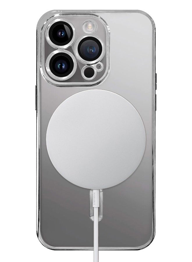 CATANES iPhone 15 Pro Phone Protective Case Fashionable Electroplated Magnetic Suction Full Covered Shockproof Phone Cover with Magnetic Rings Silver - Image 3