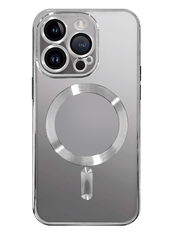 CATANES iPhone 15 Pro Phone Protective Case Fashionable Electroplated Magnetic Suction Full Covered Shockproof Phone Cover with Magnetic Rings Silver - Image 2