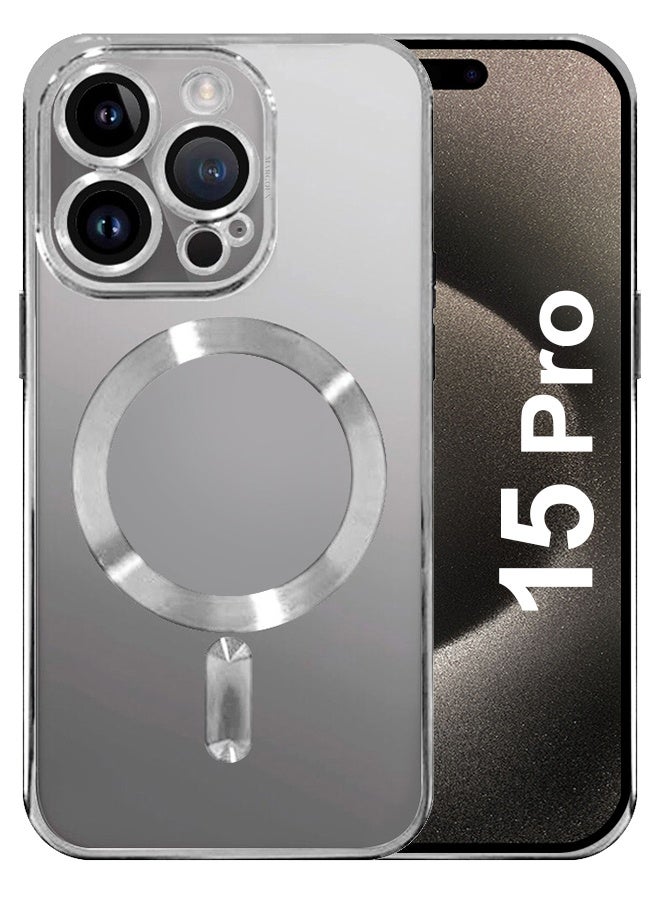 CATANES iPhone 15 Pro Phone Protective Case Fashionable Electroplated Magnetic Suction Full Covered Shockproof Phone Cover with Magnetic Rings Silver - Image 1