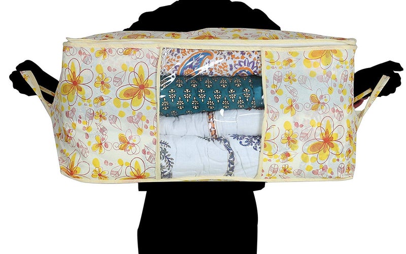 Kuber Industries Flower Design 2 Piece Non Woven Underbed Storage Bag Storage Organiser Blanket Cover with Transparent Window Extra Large Ivory Red CTKTC034482 - Image 3