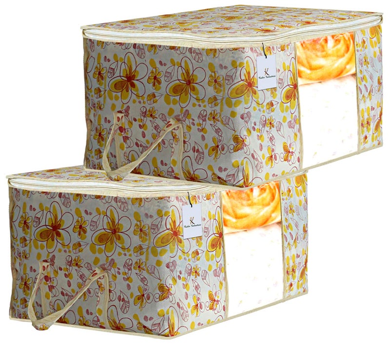 Kuber Industries Flower Design 2 Piece Non Woven Underbed Storage Bag Storage Organiser Blanket Cover with Transparent Window Extra Large Ivory Red CTKTC034482 - Image 1