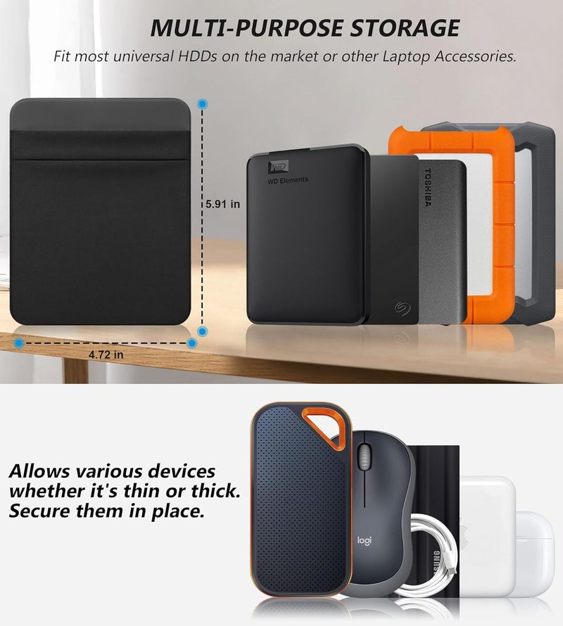 Lacdo Portable Hard Drive Sleeve for Laptop, 2-Pocket Stick on Pouch with Reusable Adhesive, for 2.5" Seagate, WD, Toshiba, LaCie Portable External Hard Drive HDD SSD Carrying Case, Black - Image 3