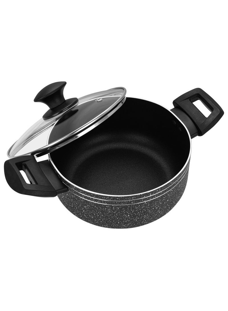 Auroware Non Stick 24cm Casserole with Glass Lid Black Pressed Aluminium Dishwasher safe Durable and Strong Handle Long lasting - Image 1