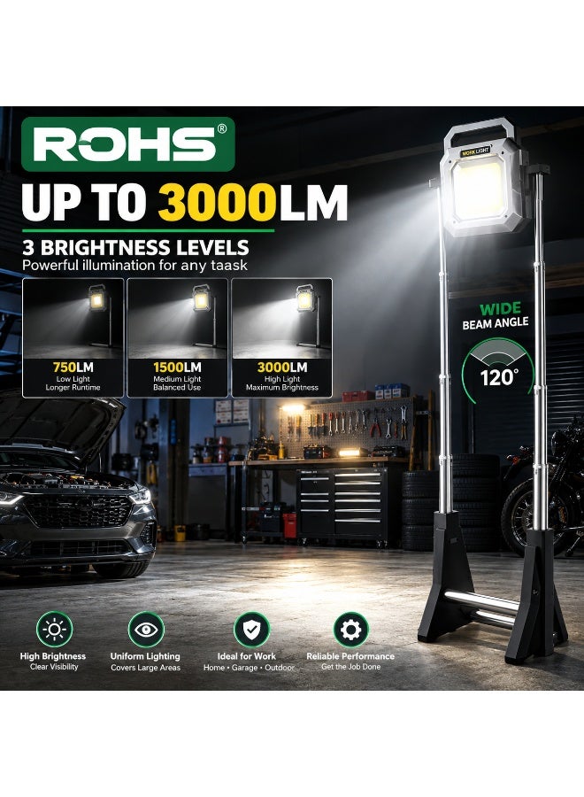 روهز كشاف ROHS LED مقاوم للماء IP67 قابل لإعادة الشحن 3000 لومن 9000mAh مع قاعدة تلسكوبية 120 سم وشحن Type-C وPower Bank - Image 2