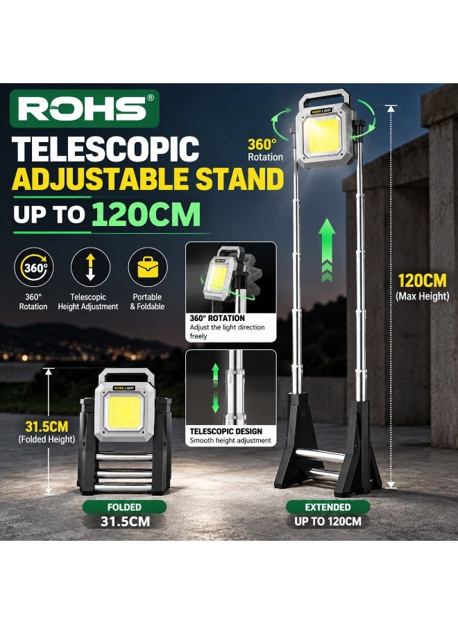 روهز كشاف ROHS LED مقاوم للماء IP67 قابل لإعادة الشحن 3000 لومن 9000mAh مع قاعدة تلسكوبية 120 سم وشحن Type-C وPower Bank - Image 3