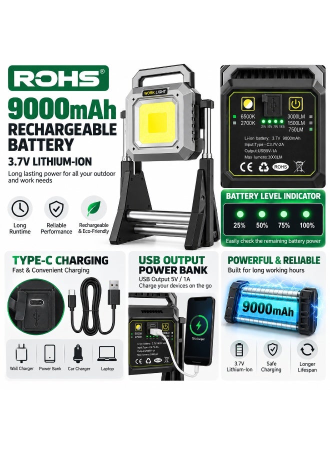 روهز كشاف ROHS LED مقاوم للماء IP67 قابل لإعادة الشحن 3000 لومن 9000mAh مع قاعدة تلسكوبية 120 سم وشحن Type-C وPower Bank - Image 5