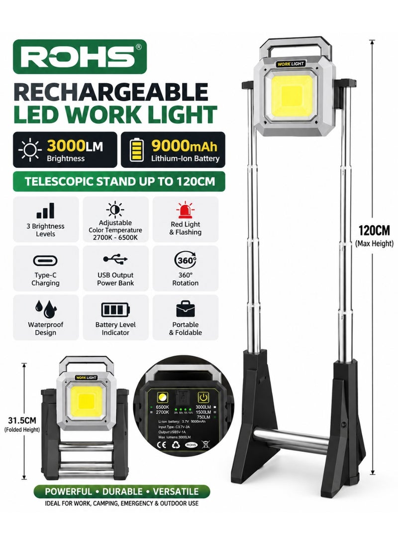 روهز كشاف ROHS LED مقاوم للماء IP67 قابل لإعادة الشحن 3000 لومن 9000mAh مع قاعدة تلسكوبية 120 سم وشحن Type-C وPower Bank - Image 1