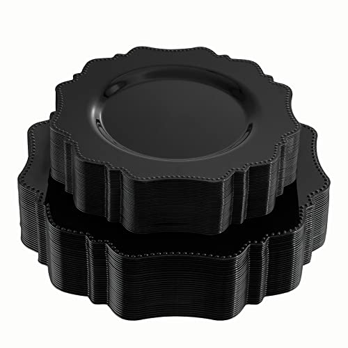COLOSUS Black Disposable Plastic Party Plates set 60pcs30guest Heavy weight Dinner plate and Dessert Plate for Birthday Wedding Party and daily use