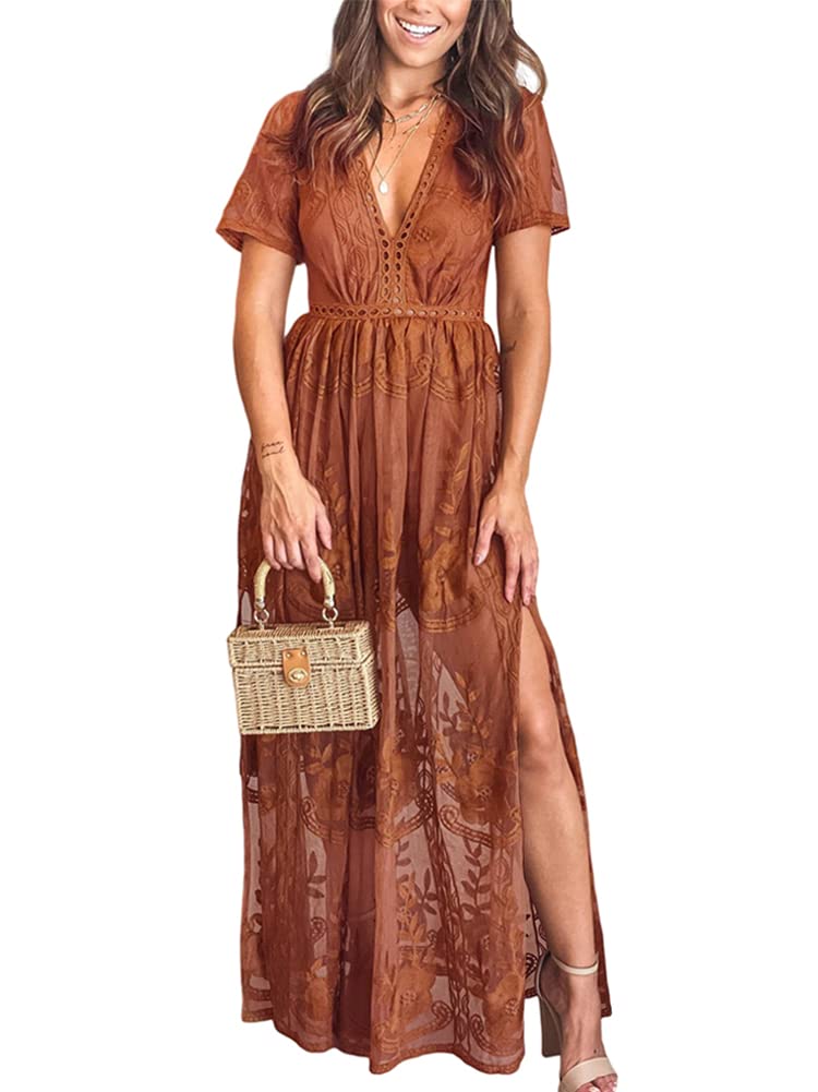 Eleter Women's Romper Dress for Wedding Guest Boho Maxi Floral Lace Wedding Dress Flowy Bridesmaid Beach Bridal Shower Dress(XL,Burnt Orange) - Image 1